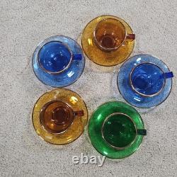 10 Piece Antique Demitasse Cups & Saucers Espresso Gold Trim Clear Stained Glass