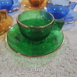 10 Piece Antique Demitasse Cups & Saucers Espresso Gold Trim Clear Stained Glass