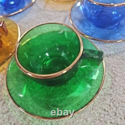 10 Piece Antique Demitasse Cups & Saucers Espresso Gold Trim Clear Stained Glass
