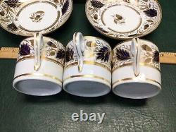 11 Pcs Antique Coalport Demitasse & Saucers, 5 Cups Handpainted Gold & Cobalt