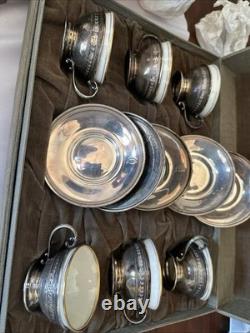 12 Sets Gorham sterling silver & Lenox porcelain demitasse cups & saucers EVC