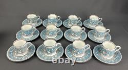 12 Wedgwood Florentine Turquoise Demitasse Cups + Saucers, Griffins Mint Unused