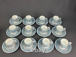 12 Wedgwood Florentine Turquoise Demitasse Cups + Saucers, Griffins Mint Unused