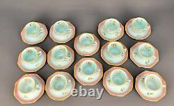 14 Vtg Adams Calyx Ware Lowestoft Mint Green Demitasse Cups + Saucers + Teapot