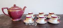 1889 Royal Worcester Burgundy Floral Demitasse 6Cups &Saucers WithHall Pot ANTIQUE