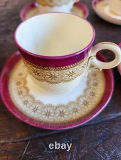 1889 Royal Worcester Burgundy Floral Demitasse 6Cups &Saucers WithHall Pot ANTIQUE