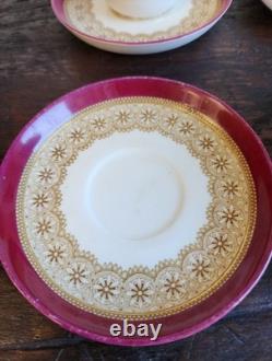 1889 Royal Worcester Burgundy Floral Demitasse 6Cups &Saucers WithHall Pot ANTIQUE