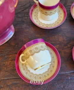 1889 Royal Worcester Burgundy Floral Demitasse 6Cups &Saucers WithHall Pot ANTIQUE