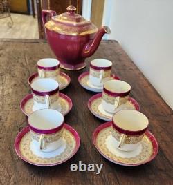 1889 Royal Worcester Burgundy Floral Demitasse 6Cups &Saucers WithHall Pot ANTIQUE