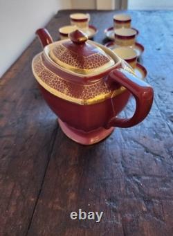 1889 Royal Worcester Burgundy Floral Demitasse 6Cups &Saucers WithHall Pot ANTIQUE