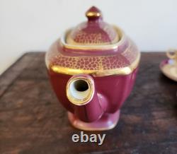 1889 Royal Worcester Burgundy Floral Demitasse 6Cups &Saucers WithHall Pot ANTIQUE