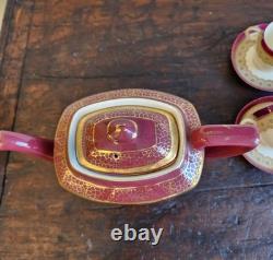 1889 Royal Worcester Burgundy Floral Demitasse 6Cups &Saucers WithHall Pot ANTIQUE