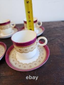 1889 Royal Worcester Burgundy Floral Demitasse 6Cups &Saucers WithHall Pot ANTIQUE