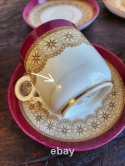 1889 Royal Worcester Burgundy Floral Demitasse 6Cups &Saucers WithHall Pot ANTIQUE