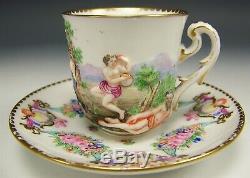18th Century Capodimonte Hand Painted Roses Swags Ribbons Demitasse Cup Saucer