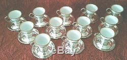 1910s Set of 12 Demitasse Cups Saucers Porcelain Inserts Sterling Silver Vintage