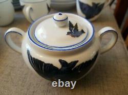 1918 Victoria Austria'Blue Bird' China Set of 18 Teapot Demitasse Cups Saucers