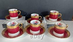 1920s PARAGON 6 Sets Rose Bouquet Burgundy Gold Demitasse Espresso Cups Saucers