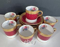 1920s PARAGON 6 Sets Rose Bouquet Burgundy Gold Demitasse Espresso Cups Saucers