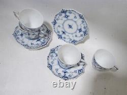 1950s Royal Copenhagen Blue Fluted Full Lace 4 Demitasse 1038 Cups & Saucers 1st