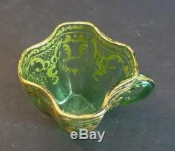 19th C. GREEN MOSER ART GLASS GILT ENAMELED DEMITASSE CUP & SAUCER, c. 1885-1900