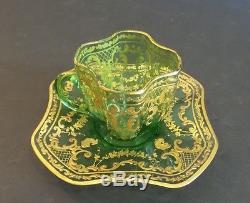 19th C. GREEN MOSER ART GLASS GILT ENAMELED DEMITASSE CUP & SAUCER, c. 1885-1900