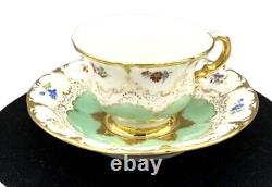 19th Century Meissen Light Green & Gold Floral Demitasse Tea Cup & Saucer