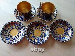 2 Antique Vintage Coalport Gilded Demitasse Cups & Saucers -with 3 bonus saucers