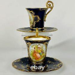 2 Antique c1890 Austrian Royal Vienna Demitasse Espresso Cup & Saucer Gold Gilt