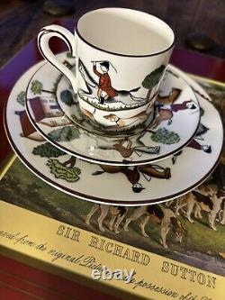 2 Crown Staffordshire HUNTING SCENE Demitasse Cups Saucers and Sandwich Plates