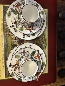 2 Crown Staffordshire HUNTING SCENE Demitasse Cups Saucers and Sandwich Plates