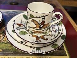 2 Crown Staffordshire HUNTING SCENE Demitasse Cups Saucers and Sandwich Plates