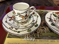 2 Crown Staffordshire HUNTING SCENE Demitasse Cups Saucers and Sandwich Plates