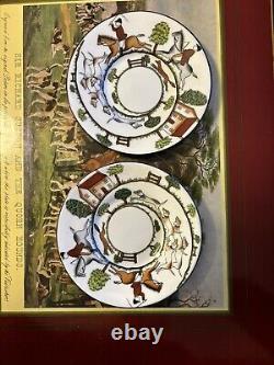 2 Crown Staffordshire HUNTING SCENE Demitasse Cups Saucers and Sandwich Plates