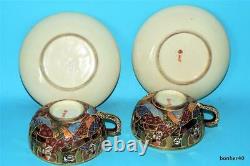 2 Earthenware Japanese Satsuma Meiji Porcelain Dragon Demitasse Cups Saucers