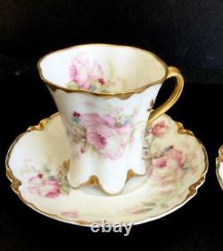 2 HAVILAND LIMOGES SCHLEIGER 257C PINK ROSES DEMITASSE CUP and SAUCER