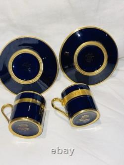 2 Limoges Legie Porcelain D'art Cobalt & Thick Gold Demitasse Cup & Saucer