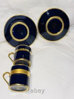 2 Limoges Legie Porcelain D'art Cobalt & Thick Gold Demitasse Cup & Saucer