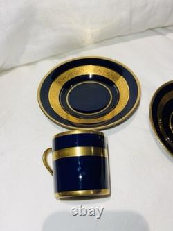 2 Limoges Legie Porcelain D'art Cobalt & Thick Gold Demitasse Cup & Saucer