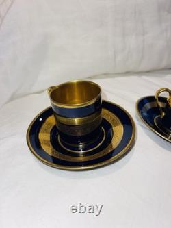 2 Limoges Legie Porcelain D'art Cobalt & Thick Gold Demitasse Cup & Saucer