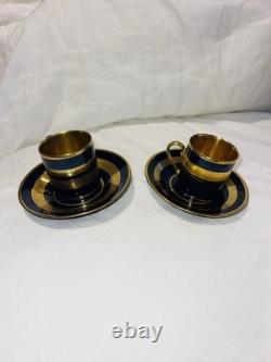 2 Limoges Legie Porcelain D'art Cobalt & Thick Gold Demitasse Cup & Saucer