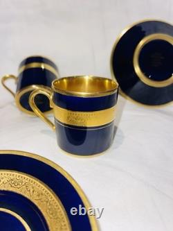 2 Limoges Legie Porcelain D'art Cobalt & Thick Gold Demitasse Cup & Saucer