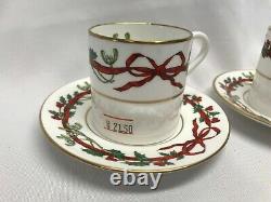 2 NWT Royal Worcester Holly Ribbons Demitasse Cup Saucers Christmas 1987 ENGLAND