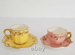 2 Rare Antique Miniature COALPORT Demitasse Cups Pink & Yellow w Jeweled Enamel
