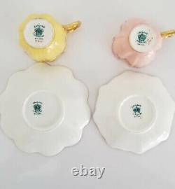 2 Rare Antique Miniature COALPORT Demitasse Cups Pink & Yellow w Jeweled Enamel