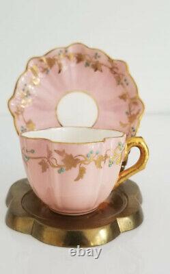 2 Rare Antique Miniature COALPORT Demitasse Cups Pink & Yellow w Jeweled Enamel