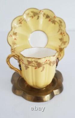 2 Rare Antique Miniature COALPORT Demitasse Cups Pink & Yellow w Jeweled Enamel