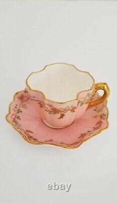 2 Rare Antique Miniature COALPORT Demitasse Cups Pink & Yellow w Jeweled Enamel