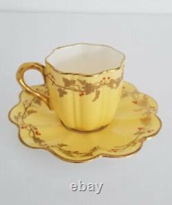 2 Rare Antique Miniature COALPORT Demitasse Cups Pink & Yellow w Jeweled Enamel