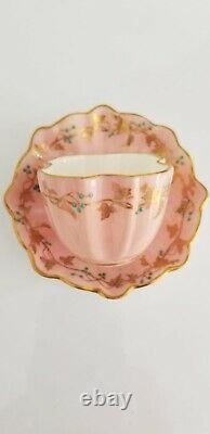 2 Rare Antique Miniature COALPORT Demitasse Cups Pink & Yellow w Jeweled Enamel